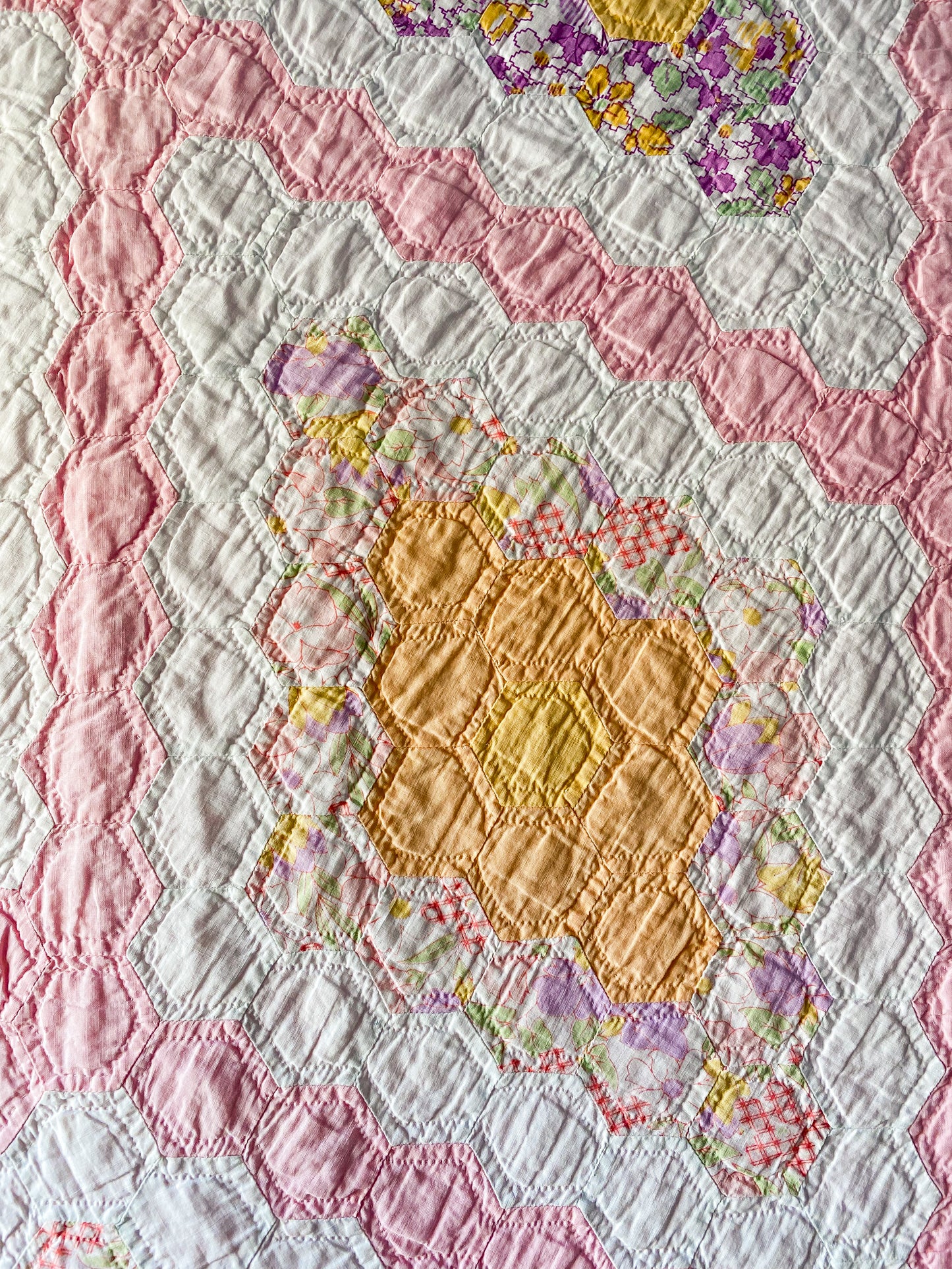Vintage Radiating Diamond Fields Pink Quilt, c1930