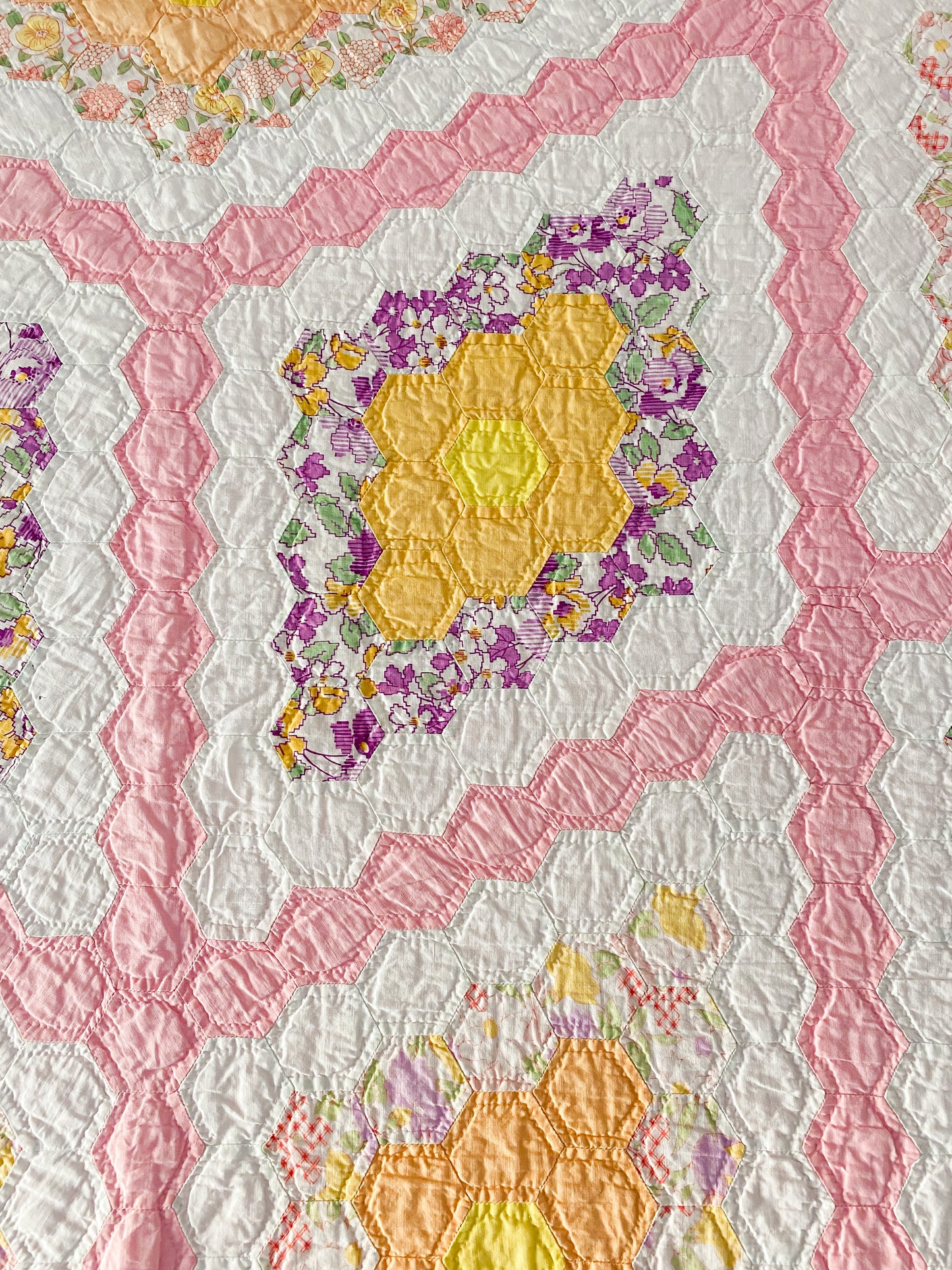 Vintage Radiating Diamond Fields Pink Quilt, c1930