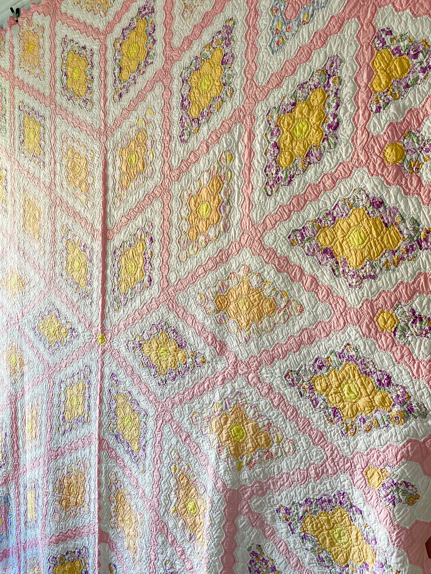 Vintage Radiating Diamond Fields Pink Quilt, c1930