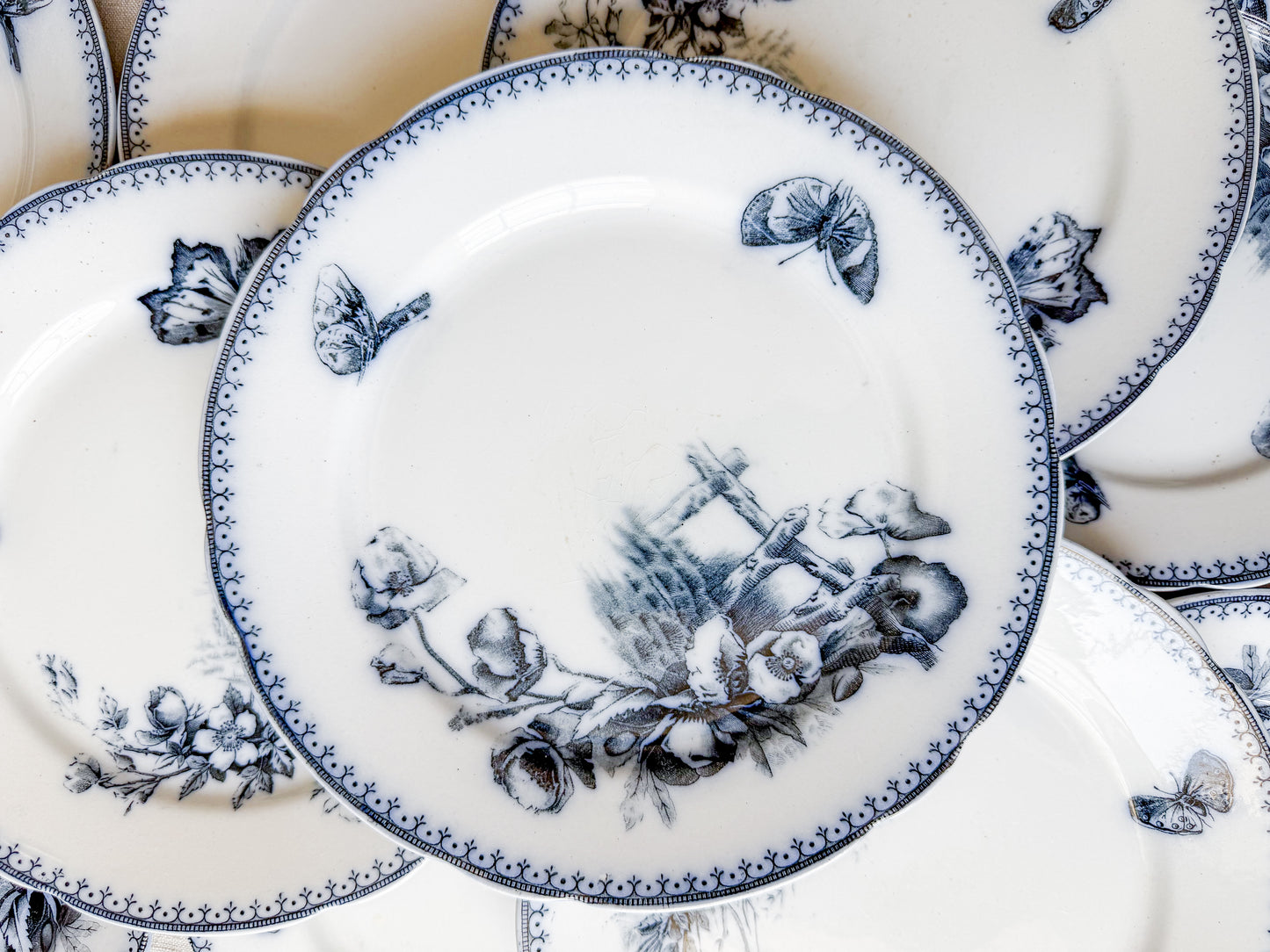 Antique Butterfly Blue Dutch Ironstone 9" Plates - "Malaga" by Petrus Ragout