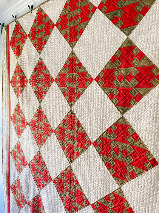 Antique Red and Tan New Four Patch c1880s Quilt, 78" x 75"