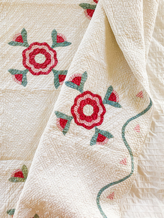 Antique Red and Overdye Green California Rose Applique Quilt c1880s, 90" x 67"