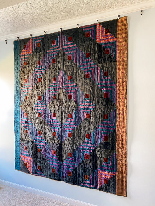 Antique Barn Raising Log Cabin Quilt, Purple and Black Wool Challis and Velvet, c1900, 81" x 68"