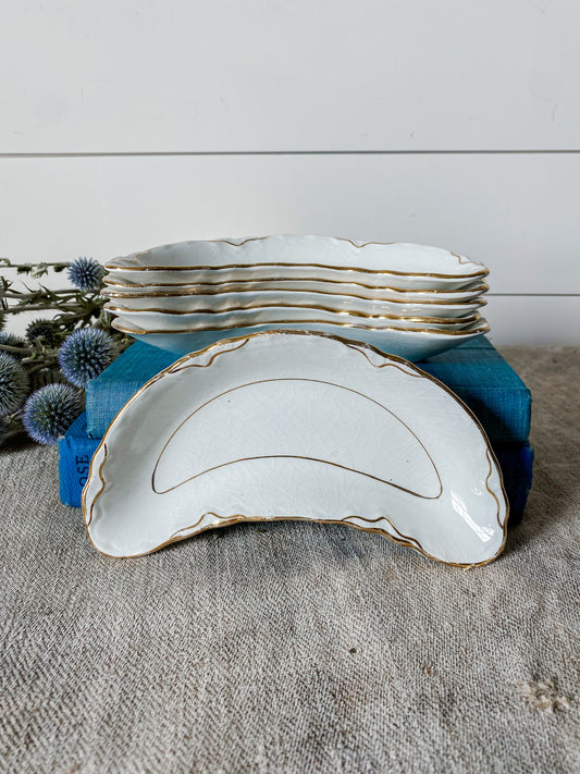 Vintage Set of Six Ironstone Bone Dishes by Eppco, White with Gold Gilt Edging