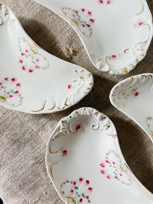 Antique Set of 4 Ironstone Bone Dishes, Hand Painted Floral Gilt, Rivoli by Meakin, England