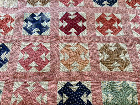 Antique Pink and Blue Double T Quilt, c1900, 82" x 68"