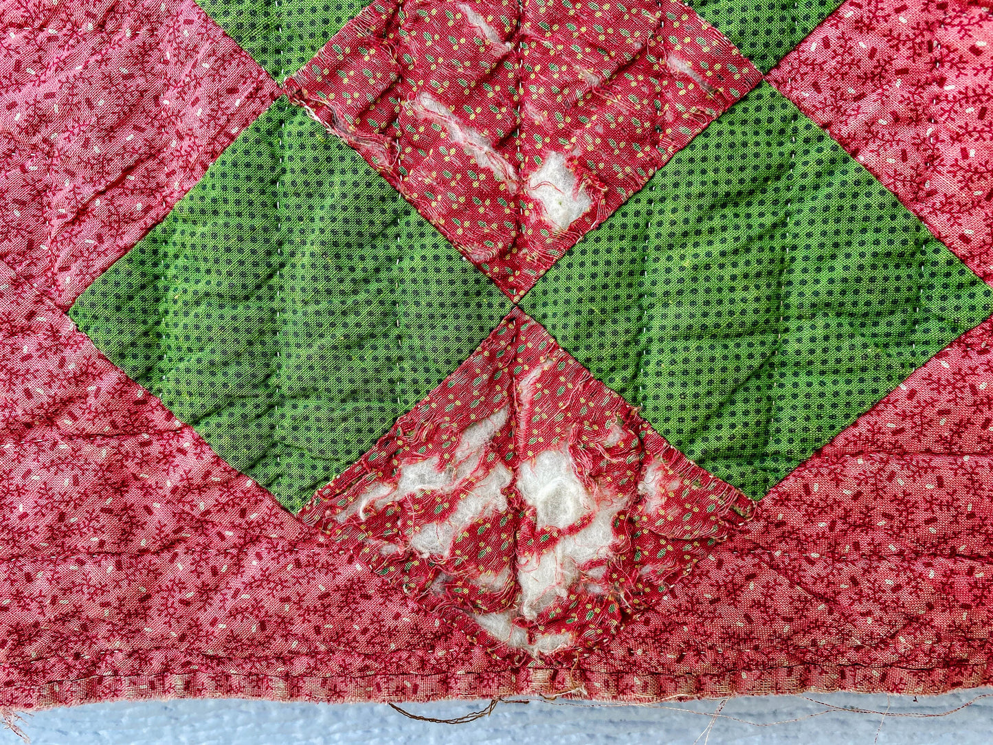 Antique Red and Green Irish Chain Quilt, c1880s, 74" x 73"