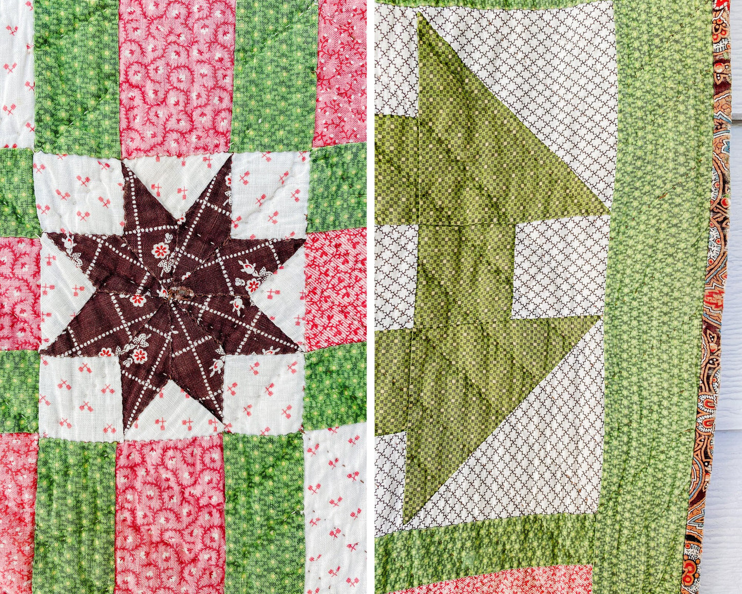 Antique Pink and Green Quilt, Churn Dash Monkey Wrench, c1900, 83" x 68"