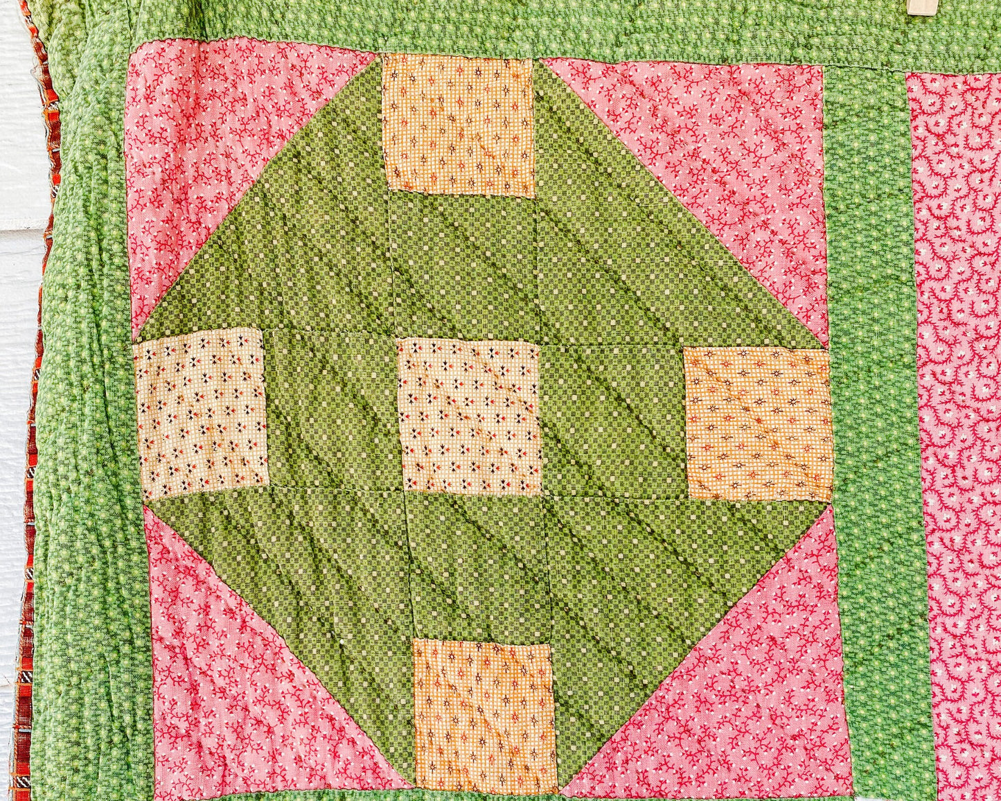 Antique Pink and Green Quilt, Churn Dash Monkey Wrench, c1900, 83" x 68"