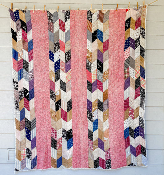 Vintage Pink Chevron Strip Cutter Quilt, c1910s, 76" x 62"