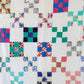 Vintage Multicolored Nine Patch Cotton Twin Quilt with Sugar Sack Fabrics, c1940 - 87" x 64"