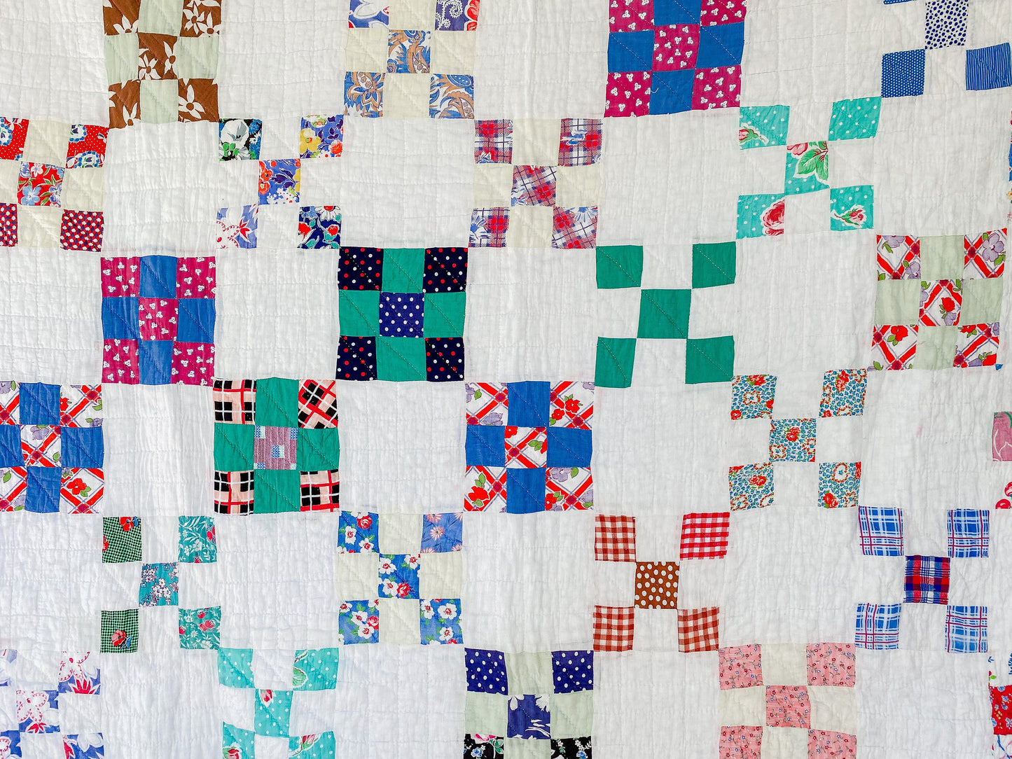 Vintage Multicolored Nine Patch Cotton Twin Quilt with Sugar Sack Fabrics, c1940 - 87" x 64"