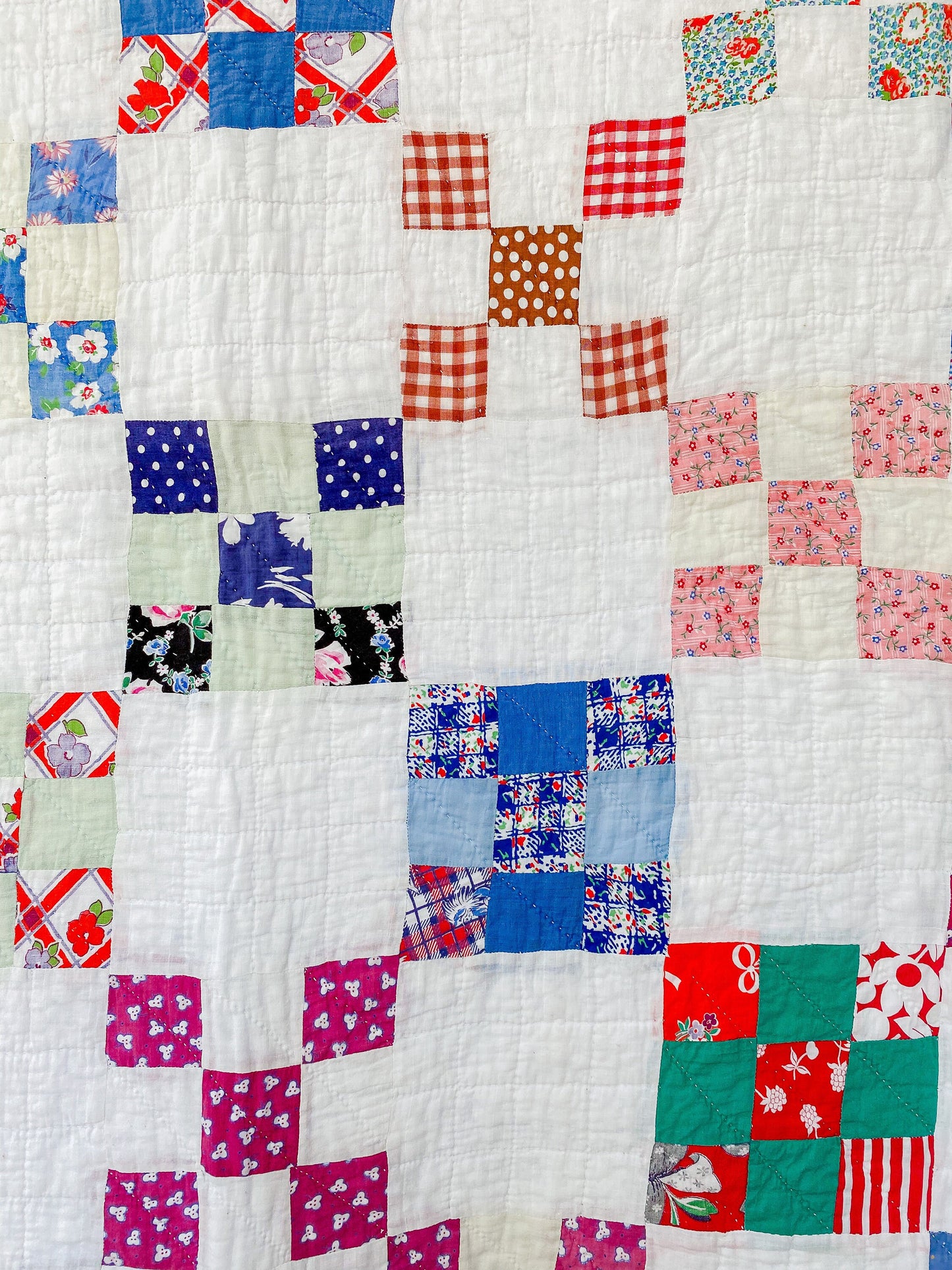 Vintage Multicolored Nine Patch Cotton Twin Quilt with Sugar Sack Fabrics, c1940 - 87" x 64"