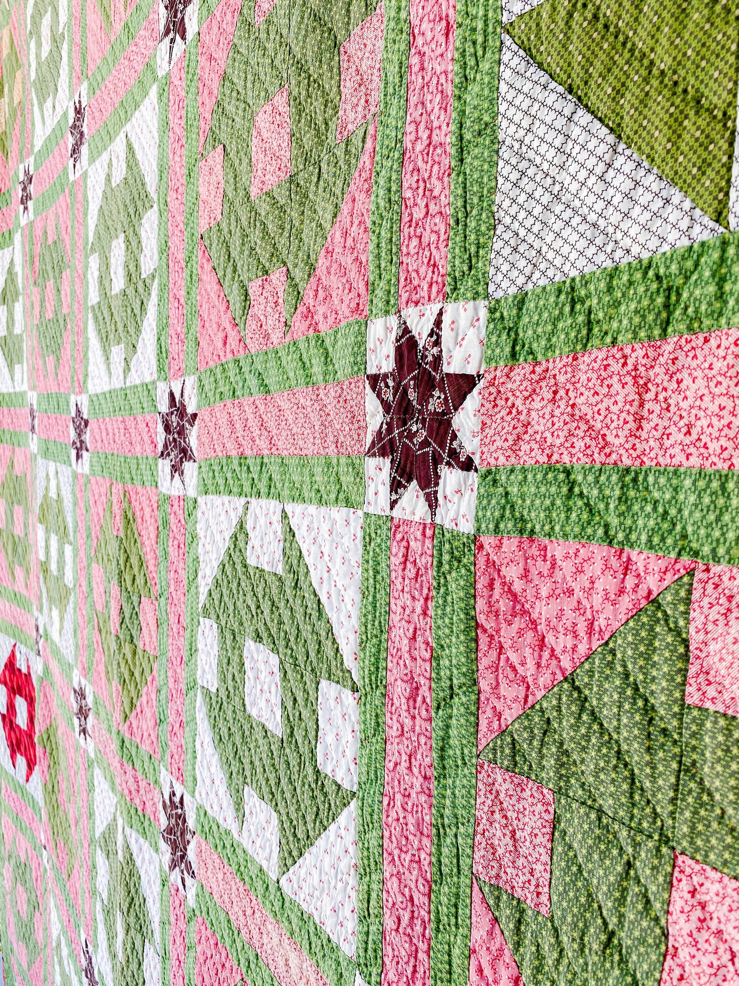 Antique Pink and Green Quilt, Churn Dash Monkey Wrench, c1900, 83" x 68"