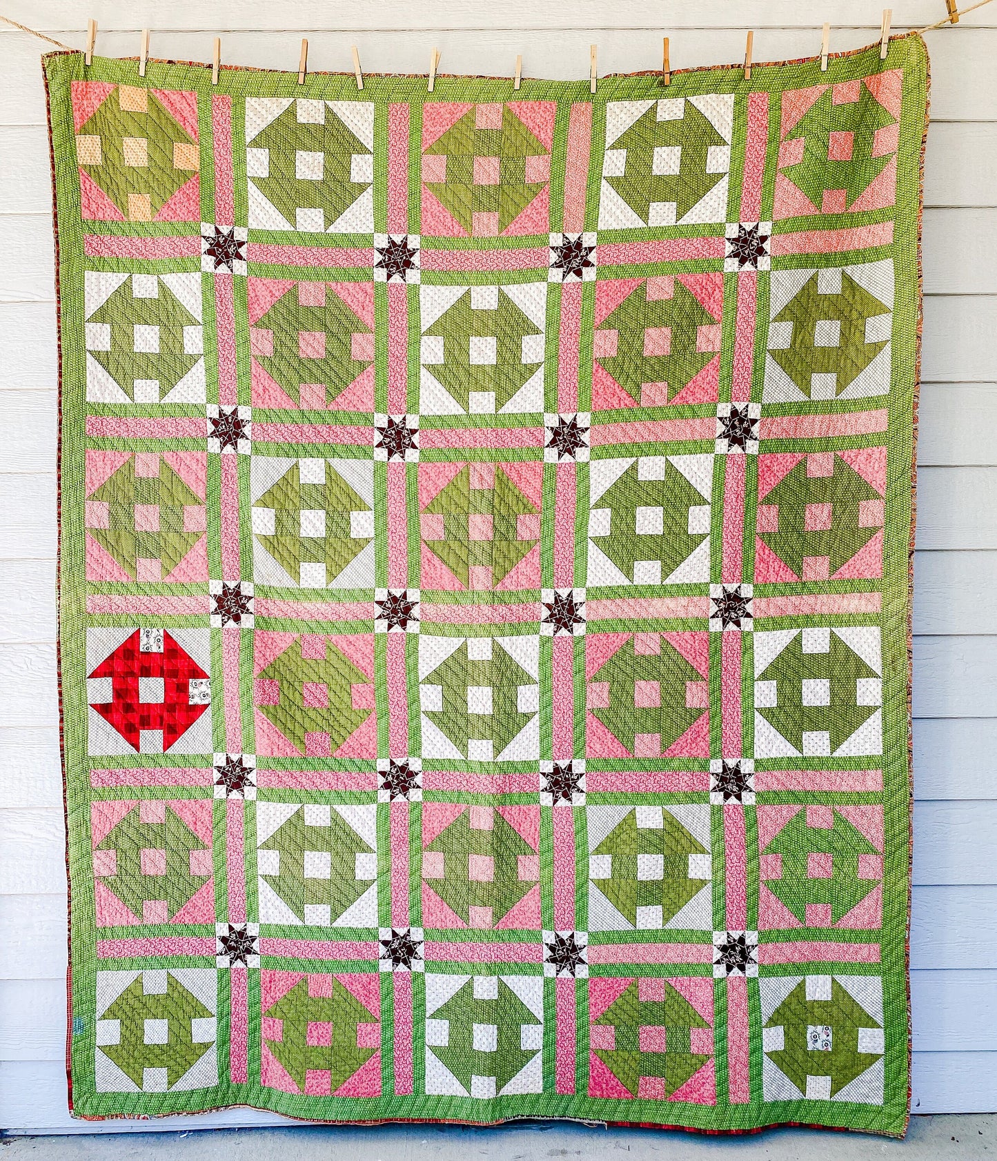 Antique Pink and Green Quilt, Churn Dash Monkey Wrench, c1900, 83" x 68"