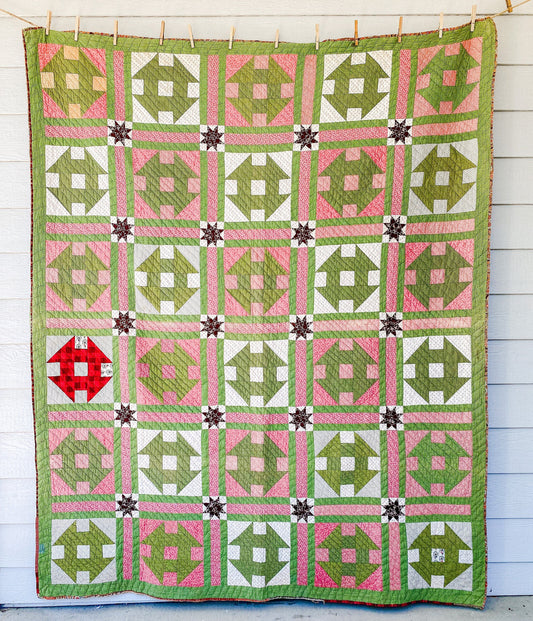 Antique Pink and Green Quilt, Churn Dash Monkey Wrench, c1900, 83" x 68"