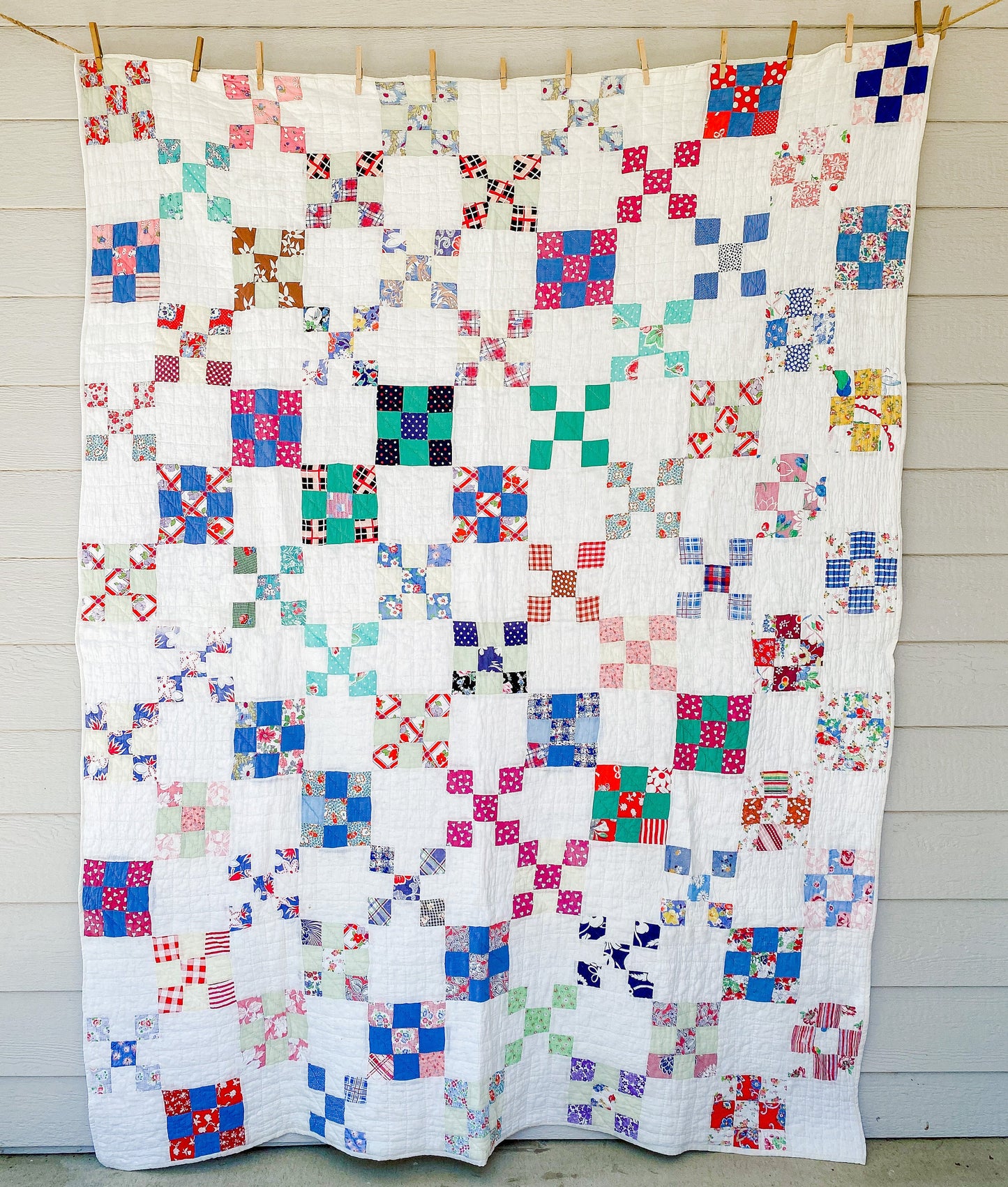 Vintage Multicolored Nine Patch Cotton Twin Quilt with Sugar Sack Fabrics, c1940 - 87" x 64"