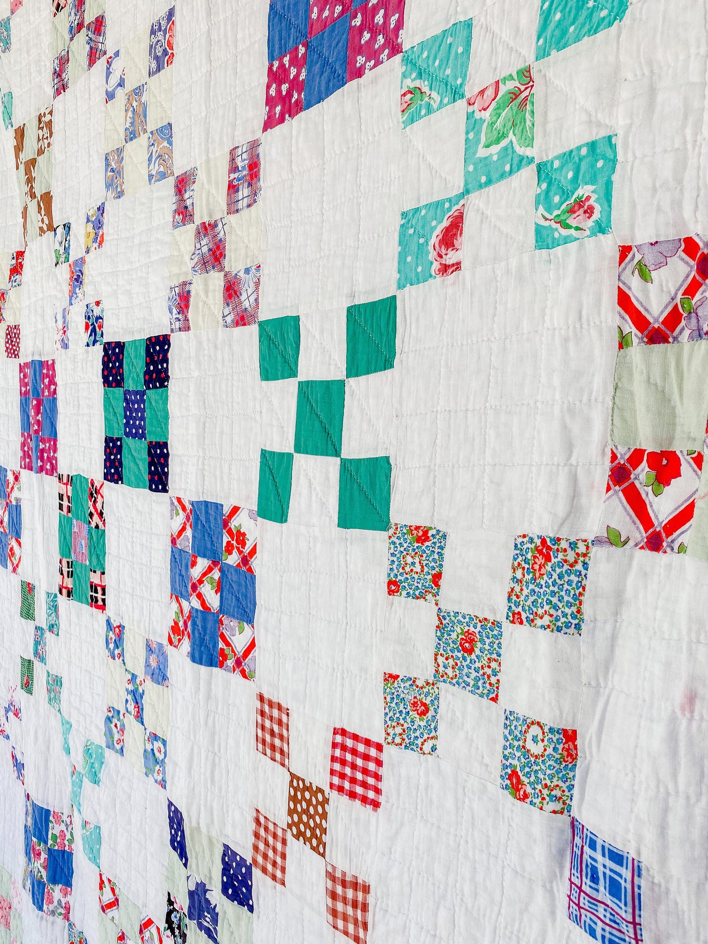 Vintage Multicolored Nine Patch Cotton Twin Quilt with Sugar Sack Fabrics, c1940 - 87" x 64"