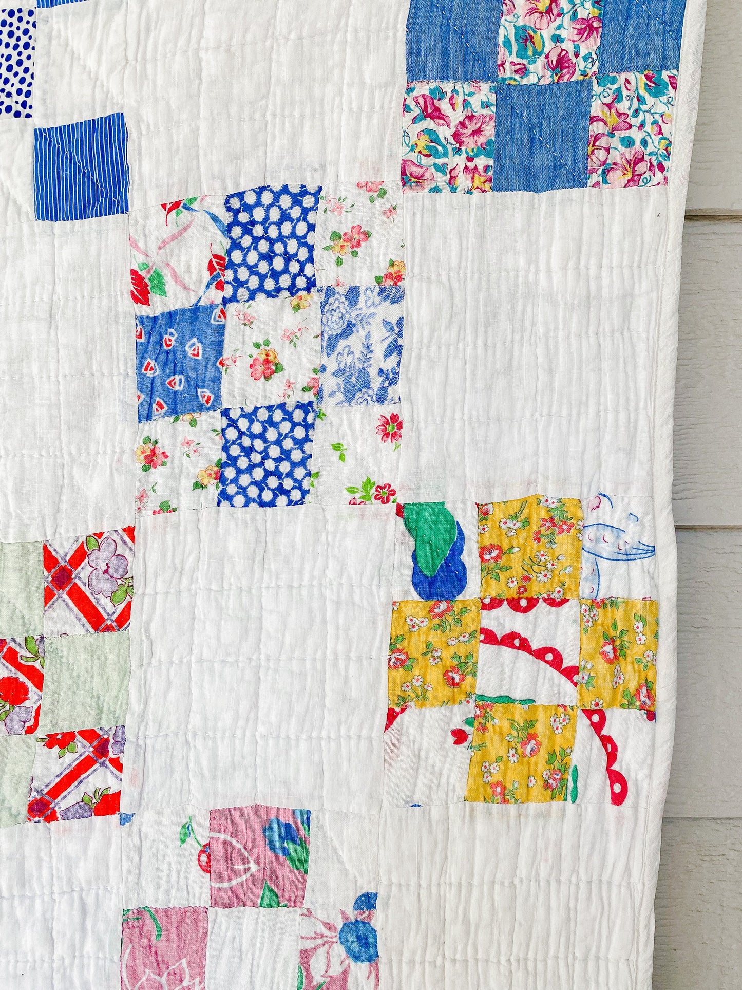 Vintage Multicolored Nine Patch Cotton Twin Quilt with Sugar Sack Fabrics, c1940 - 87" x 64"