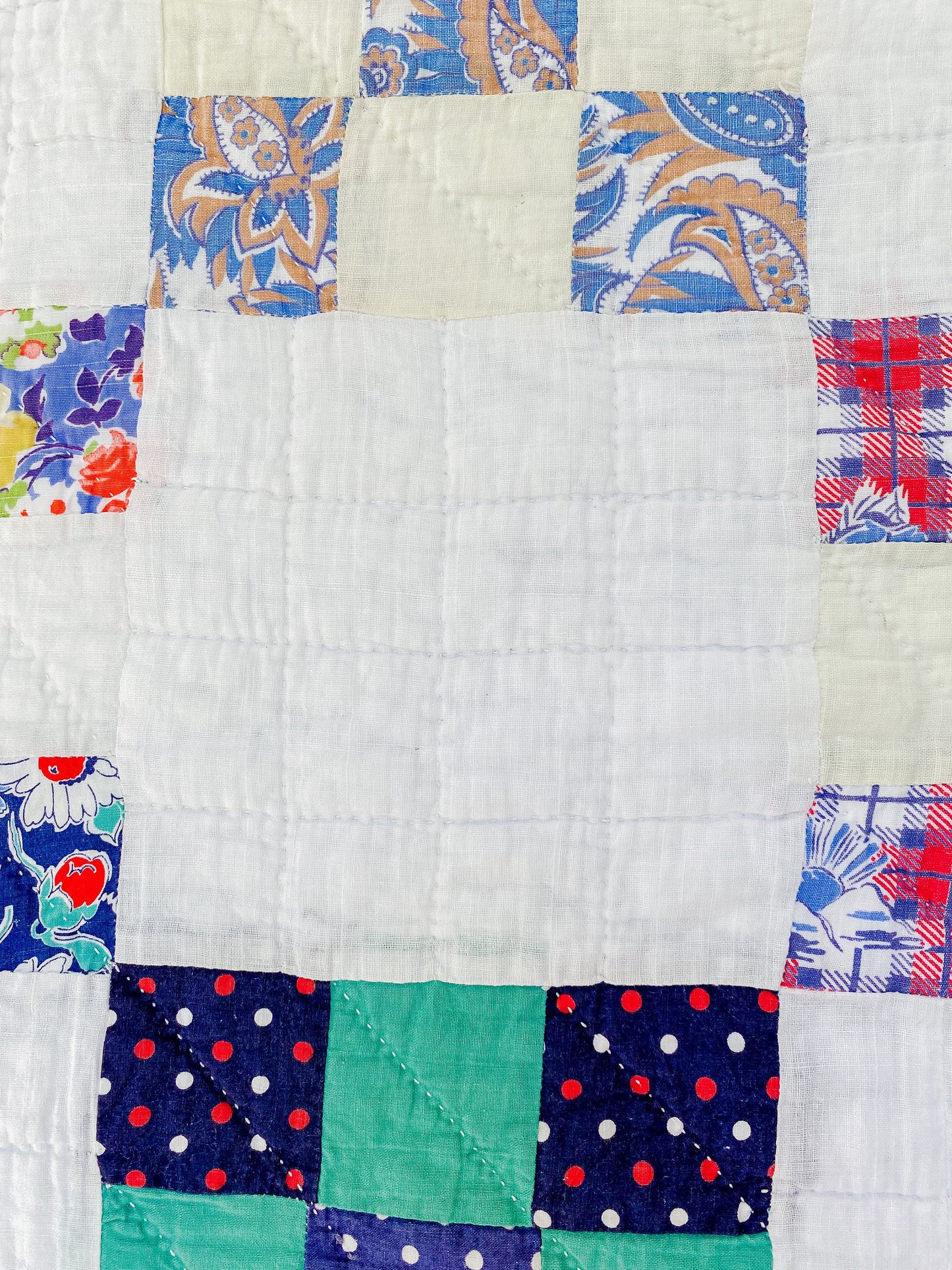 Vintage Multicolored Nine Patch Cotton Twin Quilt with Sugar Sack Fabrics, c1940 - 87" x 64"