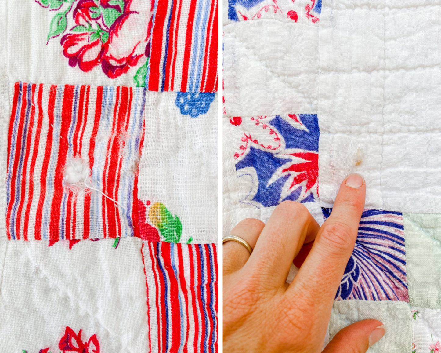 Vintage Multicolored Nine Patch Cotton Twin Quilt with Sugar Sack Fabrics, c1940 - 87" x 64"