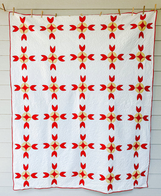 Vintage Red and Yellow Rosebud Turkey Track Variation Twin Quilt, 66" x 81"