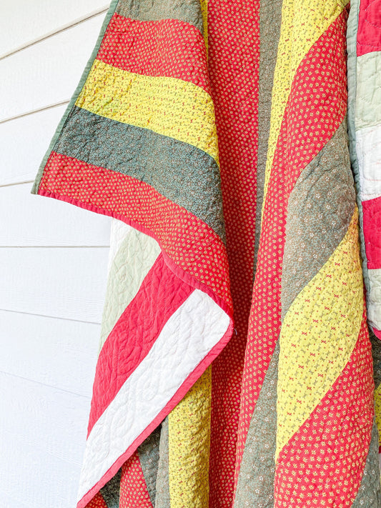 Vintage Reversible Brown Yellow Red and Green Bar Quilt, 84" x 72"