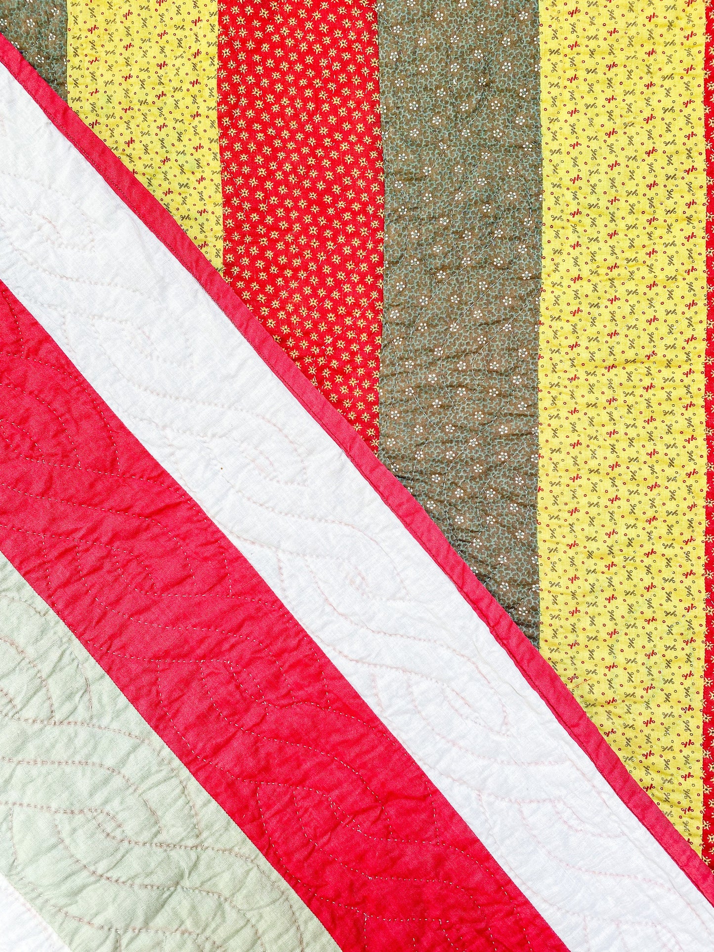 Vintage Reversible Brown Yellow Red and Green Bar Quilt, 84" x 72"