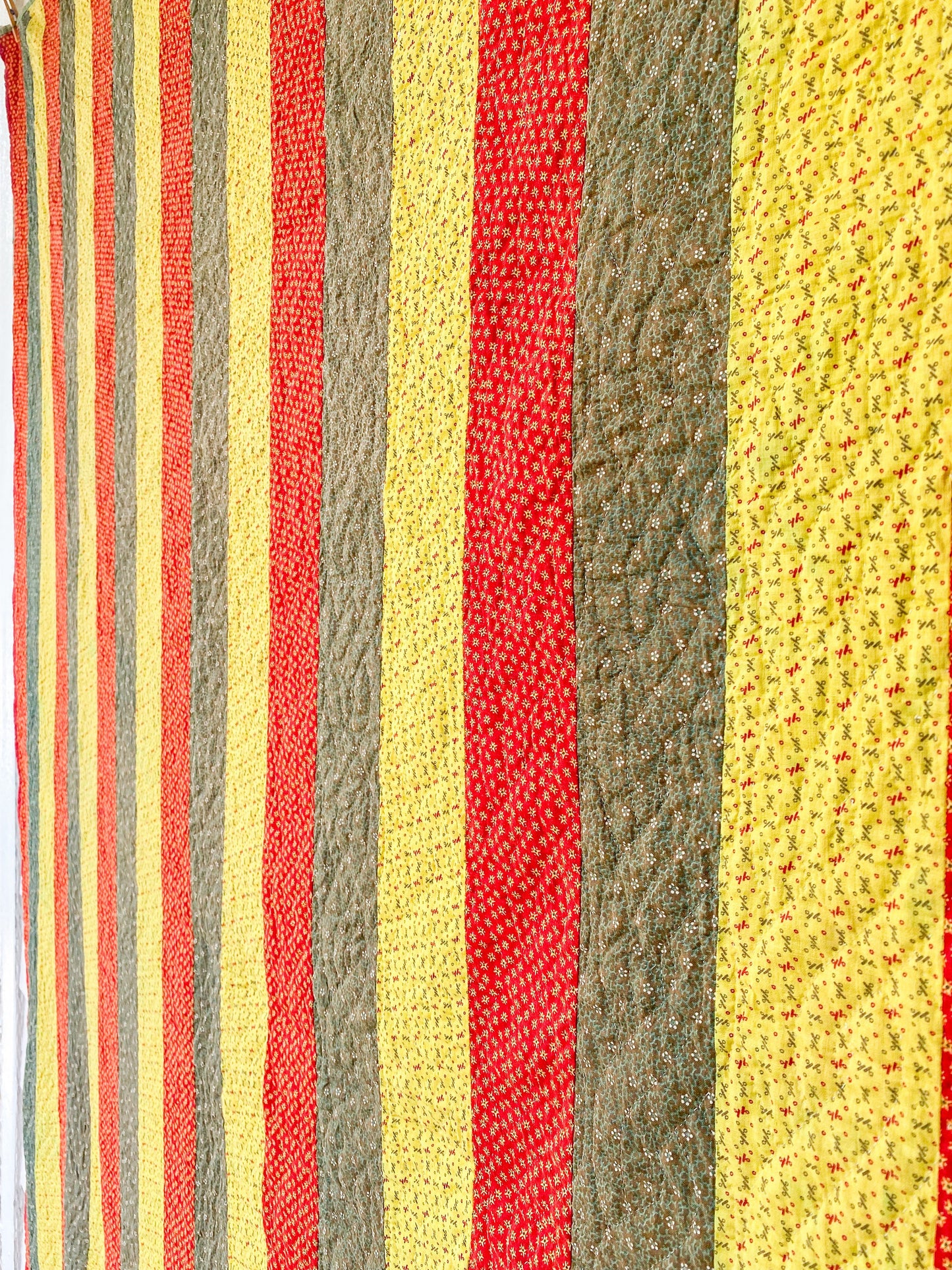 Vintage Reversible Brown Yellow Red and Green Bar Quilt, 84" x 72"